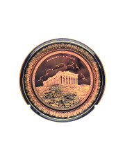 Тарелка декоративная винтажная &quot;Акрополь в Парфеноне&quot; позолоченный (24 К), в черно-золотистых тонах, керамика, 23 см, Греция, 1970-80гг.