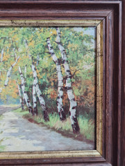 Картина винтажная  в деревянной раме Willi Krug &quot;Березовая аллея&quot;, 15,5 x 20 см, Германия, 1960-70гг.