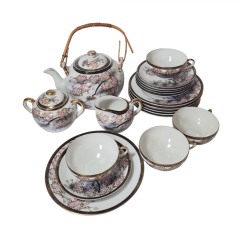 Сервиз чайный винтажный на 4 персоны &quot;Веточки сакуры&quot;, розово-черный декор, фарфор, Китай, 1970-80гг.