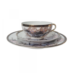 Сервиз чайный винтажный на 4 персоны &quot;Веточки сакуры&quot;, розово-черный декор, фарфор, Китай, 1970-80гг.