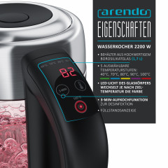 Arendo Arendo Wasserkocher, 1,7 l, 2200 W, Edelstahl mit Glaskorper, Temperaturwahl 40°C 100°C, Aufkochfunktion Чайник Arendo, 1,7 л, 2200 Вт, нержавеющая сталь, стеклянный корпус, выбор температуры 40°С 100°С, функция кипячения.