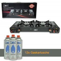 ZMC ZMC Gaskocher Doppel Kartuschenkocher Gaskocher 2 Flammig + 12x Gaskartuschen 227g, (mit automatische Piezo-Zundung Warmeleistung: 2,3KW), Outdoor Gas Campingkocher 2Fach Gasherd Ofen Butan Kochfeld Gas Kocher  Газовая плита ZMC с двойным картриджем, 