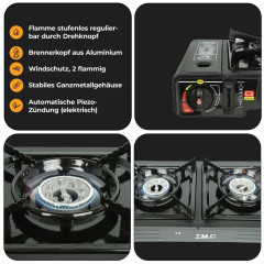 ZMC ZMC Gaskocher Doppel Kartuschenkocher Gaskocher 2 Flammig + 12x Gaskartuschen 227g, (mit automatische Piezo-Zundung Warmeleistung: 2,3KW), Outdoor Gas Campingkocher 2Fach Gasherd Ofen Butan Kochfeld Gas Kocher  Газовая плита ZMC с двойным картриджем, 
