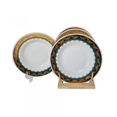 H&amp;C Czechoslovakia Набор тарелок, белый фарфор с зелено-золотым ободком, 4 шт х 23 x 3,5 см, Чехословакия, 1960-70гг.