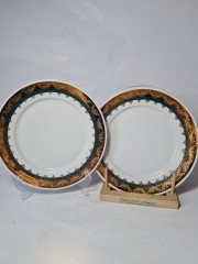 H&amp;C Czechoslovakia Набор тарелок, белый фарфор с зелено-золотым  ободком, 4 шт х 24,5 x 3, Чехословакия, 1960-70гг.