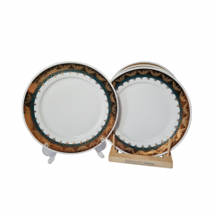 H&amp;C Czechoslovakia Набор тарелок, белый фарфор с зелено-золотым  ободком, 4 шт х 24,5 x 3, Чехословакия, 1960-70гг.