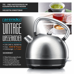 Arendo Arendo Wasserkocher, 1,7 l, 2200 W, Edelstahl Retro Style Vintage, Uberhitzung Trockenkochschutz, silber Чайник Arendo, 1,7 л, 2200 Вт, нержавеющая сталь, винтажный ретро-стиль, защита от перегрева, защита от выкипания, серебристый