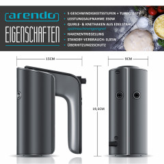 Arendo Arendo Handmixer, 350 W, aus Edelstahl mit Turbostaste, Handruhrer inkl. 2 Quirle  2 Knethaken  Ручной миксер Arendo, 350 Вт, из нержавеющей стали, с турбо-кнопкой, ручной миксер, в комплекте 2 венчика и 2 крюка для теста.