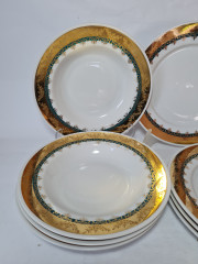 H&amp;C Czechoslovakia Набор тарелок Белый фарфор с зелено-золотым  ободком, 4шт х 23 x 3,5 см и 4шт х 24,5 x 3 см, Чехословакия, 1960-70гг.