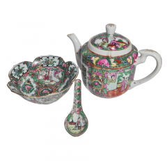 Набор сервировочный винтажный в традиционном китайском стиле, чаша с ложкой, заварочный чайник, фарфор, Китай, 1960-70гг.