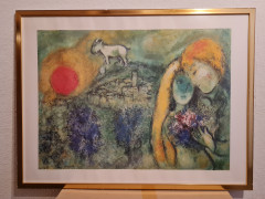 Картина-репродукция винтажная Марк Шагал "Влюбленные в Венеции (1957)", большой формат, в раме, 82.5 х 63 см, Германия, 1980-90гг.