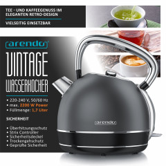 Arendo Arendo Wasserkocher, 1,7 l, 2200 W, Edelstahl, Retro Style Vintage, Uberhitzungs Trockenkochschutz, grau Чайник Arendo, 1,7 л, 2200 Вт, нержавеющая сталь, винтажный ретро-стиль, защита от перегрева при сухом кипячении, серый