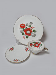 Seltman Weiden Bavaria Чайное трио &quot;Красные цветы&quot;, позолоченный ободок, фарфор, Германия, 1960-70гг.