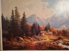 Картина винтажная / репродукция Trelony "Домик в горах", большой формат, 114 х 65 см, Германия, 1980-90гг.