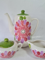 Набор для чая винтажный с ярким цветочным декором: чайник, сахарница, молочник, керамика, Италия, 1960-1970гг.