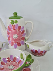 Чайный сервиз винтажный с ярким цветочным декором: чайник, сахарница, молочник, чайная пара, керамика, Италия, 1960-1970гг.