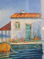 Картина винтажная &quot;Лодки у причала&quot;, дерев.рама под стеклом, 42 х 32 см, Германия, 1980-90гг.