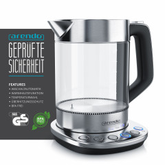 Arendo Arendo Wasserkocher, 1,5 l, 2200 W, Edelstahl Glas mit Basisstation, Temperatureinstellung 70° 100° C Чайник Arendo, 1,5 л, 2200 Вт, стекло нержавеющая сталь, с подставкой, регулировка температуры 70° 100° C