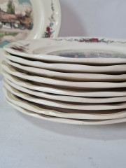 Набор тарелок винтажных Sarreguemines France,  светло-бежевый фарфор с  пейзажами и красочным цветочным декором, 10 штук х 25 x 3 см, Франция, 1960-70гг.