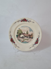 Набор тарелок винтажных Sarreguemines France,  светло-бежевый фарфор с  пейзажами и красочным цветочным декором, 10 штук х 25 x 3 см, Франция, 1960-70гг.