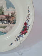 Набор тарелок винтажных Sarreguemines France,  светло-бежевый фарфор с  пейзажами и красочным цветочным декором, 10 штук х 25 x 3 см, Франция, 1960-70гг.