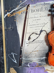 Картина винтажная "Скрипка" худ. Salvatore Coccia / Die Boheme, черно-золотая рама, 31,5 x 25 см, Германия, 1960-1970гг.