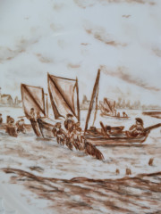 Hutschenreuther Белая фарфоровая тарелка с рисунком в коричневых тонах &quot;На реке&quot;, 29 x 2,5 см, Германия, 1960-70гг.