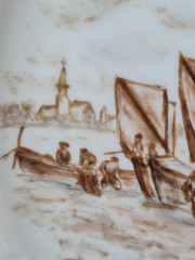 Hutschenreuther Белая фарфоровая тарелка с рисунком в коричневых тонах &quot;На реке&quot;, 29 x 2,5 см, Германия, 1960-70гг.