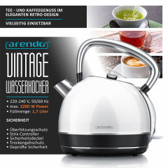 Arendo Arendo Wasserkocher, 1,7 l, 2200 W, Edelstahl, Retro Style Vintage, Uberhitzungs Trockenkochschutz, weiss Чайник Arendo, 1,7 л, 2200 Вт, нержавеющая сталь, винтажный стиль ретро, ??защита от перегрева и сухого кипения, белый