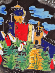 Тарелка декоративная винтажная REP / San Marino на ножках, красочное изображение на черном фоне, необычная форма, керамика, 31 см, Италия, 1970-80гг.