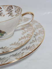 Чайное трио винтажное Fritz Montag Porta Westfalica с изображением Bad Wildungen по центру, фарфор, Германия, 1960-70гг.