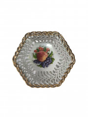 Фруктовница винтажная JRJ CLUJ малая, с ярким изображением фруктов, вырубной фарфор, 14 см, Румыния, 1970-80гг.