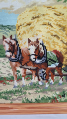 Картина винтажная Goeblin Im Stil "Человек с повозкой и лошадьми", вышивка в деревянной раме, 55 x 40 см, Германия, 1960-1970гг.