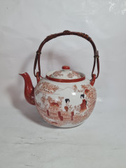 Набор для чайной церемонии, традиционный стиль, красный декор, чайник с ситечком, молочник, сахарница, фарфор, Китай, 1960-70гг.