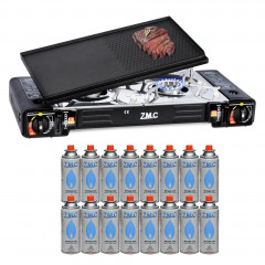 ZMC ZMC Gaskocher 2in1 Campingkocher Grillplatte mit Piezozundung + 16x Gaskartuschen, (2 Flammig Grill Platte Tischgrill Doppel Gasbrenner Gasgrill Kochfeld mit LPG Anschluss Warmeleistung: 2,3KW), Butan Gas 227g Gaskocher Outdoor Camping Gas Kocher Herd