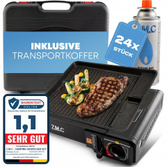 ZMC ZMC Gaskocher 2in1 Campingkocher Grillplatte mit Piezozundung + 24x Gaskartuschen, (Grillplatte Tischgrill Transportkoffer Gasbrenner Gasgrill Kochfeld LPG Anschluss Schwarz Warmeleistung: 2,2KW), Butan Gas 227g Campingkocher Outdoor Camping Gas Koche