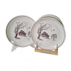 Набор тарелок винтажный ISG с изображением дома в лесу, фарфор, 6 шт., 25 x 2,5 см, Италия, 1960-70гг.