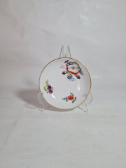 Тарелка винтажная Meissen, белый фарфор с разноцветными фруктовыми мотивами, цветочным декором и позолотой, 14,5 x 3,5 см, Германия, 1930-40гг.