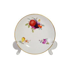 Тарелка винтажная Meissen, белый фарфор с разноцветными фруктовыми мотивами, цветочным декором и позолотой, 14,5 x 3,5 см, Германия, 1930-40гг.