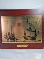 Панно винтажное с изображением голландского парусника 1657 г., дерево / медь, 40 х 29.5 см, Германия, 1970-80гг.