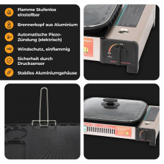 ZMC ZMC Gaskocher 2in1 Gas Kocher Campingkocher + Grillplatte + Grillpfanne Gasgrill, (Gasbrenner Tischgrill inkl. Transportkoffer fur:Indoor/Outdoor Warmeleistung: 2,1KW), + 8x 227g MSF-1a Gaskartuschen Tragbarer Camping Kocher Herd Gaskocher  Газовая пл