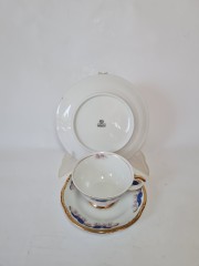 Чайное трио винтажное Wakbrzych с сине-розовым декором и позолотой, Польша, 1960-70гг.