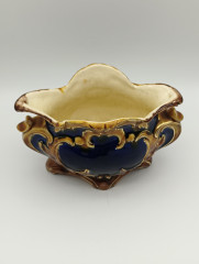 Конфетница винтажная B.W., майолика, в сине-коричневых тонах с позолотой, с необычным рваным краем, на ножках, керамика, 14 х 10 см, Франция, 1970-80гг.