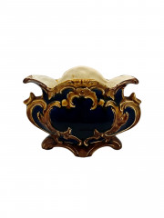 Конфетница винтажная B.W., майолика, в сине-коричневых тонах с позолотой, с необычным рваным краем, на ножках, керамика, 14 х 10 см, Франция, 1970-80гг.