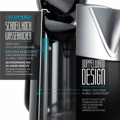 Arendo Arendo Wasserkocher, 1,7 l, 3000 W, Edelstahl, Schnellkoch Funktion, Temperatureinstellung 70° C 100° C Чайник Arendo, 1,7 л, 3000 Вт, нержавеющая сталь, функция быстрого закипания, регулировка температуры 70°С 100°С