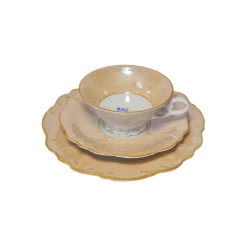 Hellbraune Porzellan Чайное трио &quot;Полевые цветы&quot; с желтым ободком и фактурным краем, Германия, 1960-70гг.