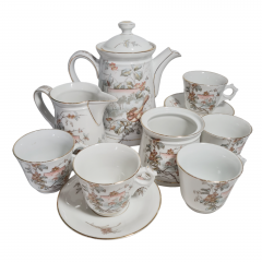 Сервиз чайный винтажный Im Stil Hutschenreuther &quot;Деревенский пейзаж&quot; на 5 персон, в пастельных тонах, фарфор, чайник, молочник, сахарница, чайные пары, Германия, 1970-80гг.