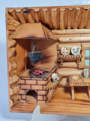 Панно-румбокс винтажное объемное &quot;Комната в бревенчатой хате&quot;, Сувенир Скава, дерево, детализация, 27.5 х 21 х 5.5 см, Польша, 1980-90гг.