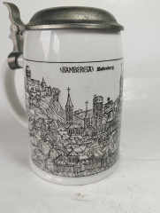 Немецкая пивная кружка винтажная Alten Kunststadt Germany &quot;Бабенберг&quot;, с крышкой, кракелюр, фарфор / олово, 0.5 л, 15.5 см, Германия, 1960-70гг.