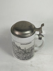 Немецкая пивная кружка винтажная Alten Kunststadt Germany &quot;Бабенберг&quot;, с крышкой, кракелюр, фарфор / олово, 0.5 л, 15.5 см, Германия, 1960-70гг.